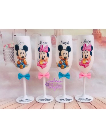 Pahare personalizate botez "Baby Mickey and Minnie cu fundita" Cod 15