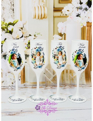 Pahare personalizate botez “My baby cu flori crem si albastre" Cod 22