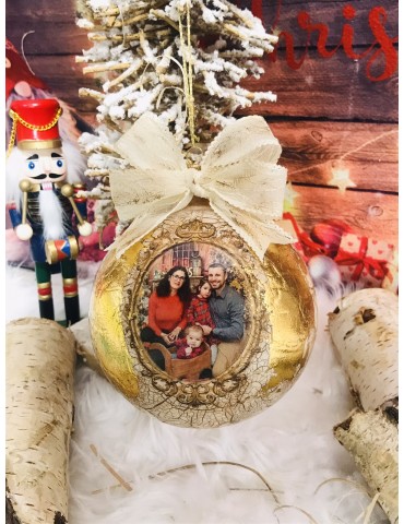 Glob premium sticla 12 cm cu foita aurie "Craciun in familie" Cod 110
